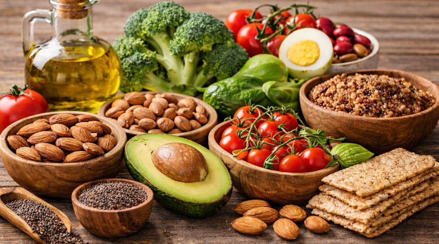 alimentation à index glycémique bas avec légumes, amandes, huile d’olive et graines