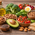 alimentation à index glycémique bas avec légumes, amandes, huile d’olive et graines