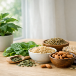 Aliments riches en magnésium dans une ambiance naturelle, illustrant l’équilibre métabolique, la gestion du stress et de la glycémie