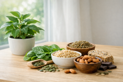 Aliments riches en magnésium dans une ambiance naturelle, illustrant l’équilibre métabolique, la gestion du stress et de la glycémie