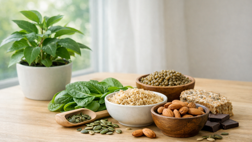 Aliments riches en magnésium dans une ambiance naturelle, illustrant l’équilibre métabolique, la gestion du stress et de la glycémie