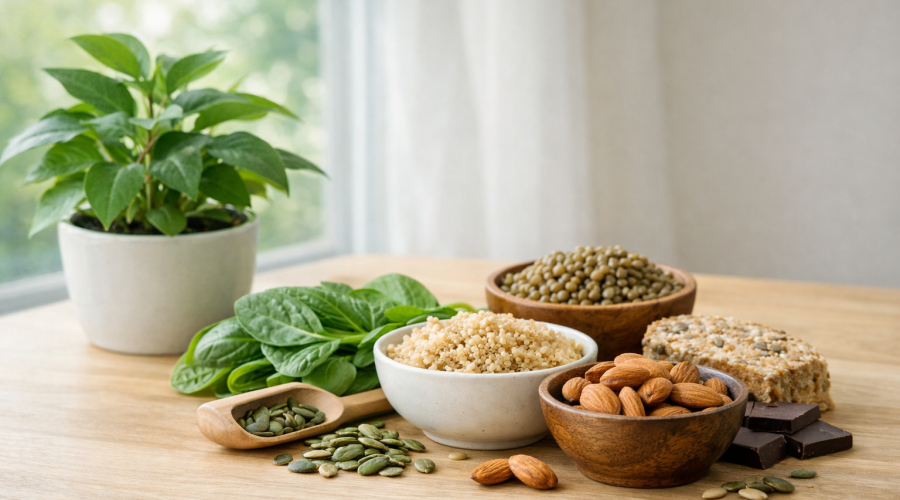 Aliments riches en magnésium dans une ambiance naturelle, illustrant l’équilibre métabolique, la gestion du stress et de la glycémie