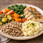 Assiette hivernale équilibrée avec légumes de saison, protéines et féculents à indice glycémique modéré