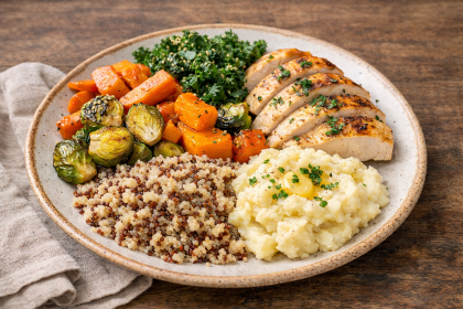 Assiette hivernale équilibrée avec légumes de saison, protéines et féculents à indice glycémique modéré