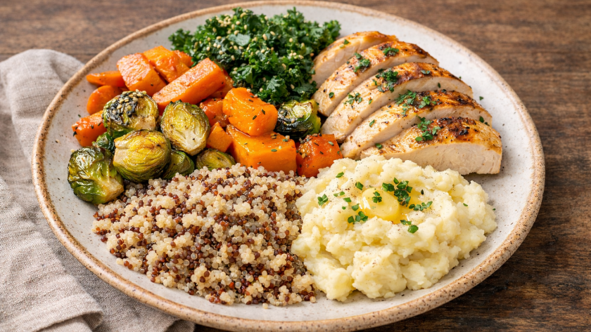 Assiette hivernale équilibrée avec légumes de saison, protéines et féculents à indice glycémique modéré