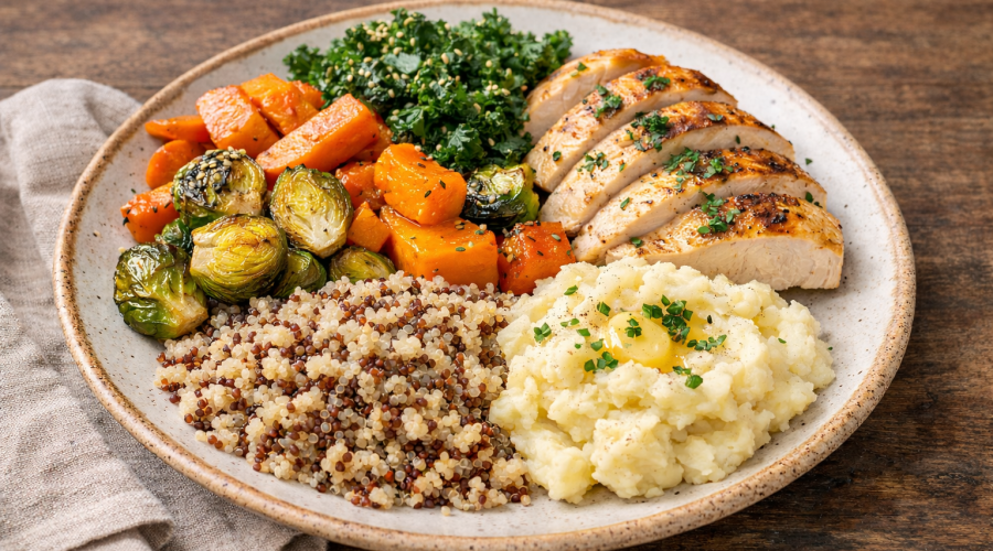 Assiette hivernale équilibrée avec légumes de saison, protéines et féculents à indice glycémique modéré