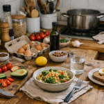 Cuisine d’hiver vécue avec des aliments simples et des ustensiles du quotidien, illustrant une alimentation saine et réaliste après les bonnes résolutions de janvier.