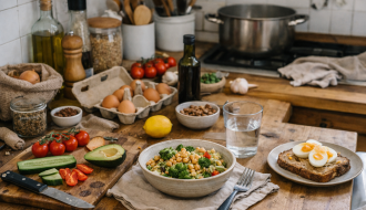 Cuisine d’hiver vécue avec des aliments simples et des ustensiles du quotidien, illustrant une alimentation saine et réaliste après les bonnes résolutions de janvier.