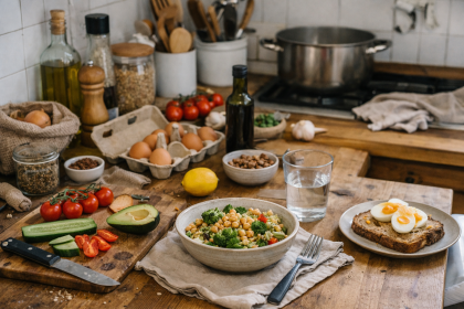 Cuisine d’hiver vécue avec des aliments simples et des ustensiles du quotidien, illustrant une alimentation saine et réaliste après les bonnes résolutions de janvier.