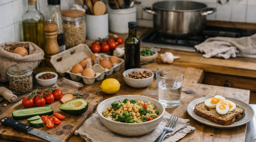 Cuisine d’hiver vécue avec des aliments simples et des ustensiles du quotidien, illustrant une alimentation saine et réaliste après les bonnes résolutions de janvier.