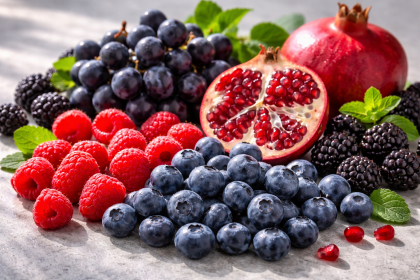 Assortiment de fruits riches en polyphénols – myrtilles, framboises, grenade et raisin noir éclairés en lumière naturelle