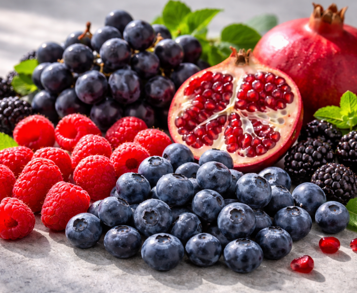 Assortiment de fruits riches en polyphénols – myrtilles, framboises, grenade et raisin noir éclairés en lumière naturelle