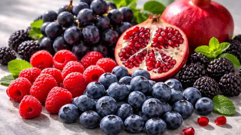 Assortiment de fruits riches en polyphénols – myrtilles, framboises, grenade et raisin noir éclairés en lumière naturelle