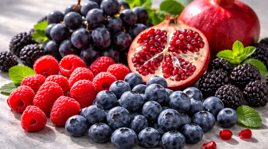 Assortiment de fruits riches en polyphénols – myrtilles, framboises, grenade et raisin noir éclairés en lumière naturelle