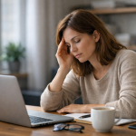 Femme légèrement fatiguée devant son ordinateur au bureau, signe possible d’une glycémie instable en fin de matinée