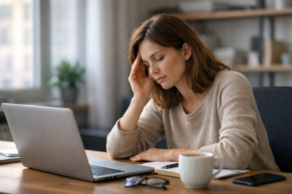 Femme légèrement fatiguée devant son ordinateur au bureau, signe possible d’une glycémie instable en fin de matinée