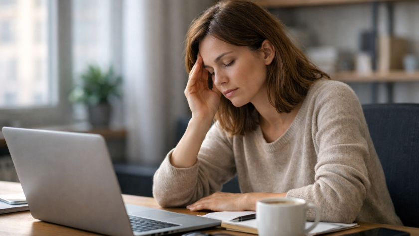 Femme légèrement fatiguée devant son ordinateur au bureau, signe possible d’une glycémie instable en fin de matinée