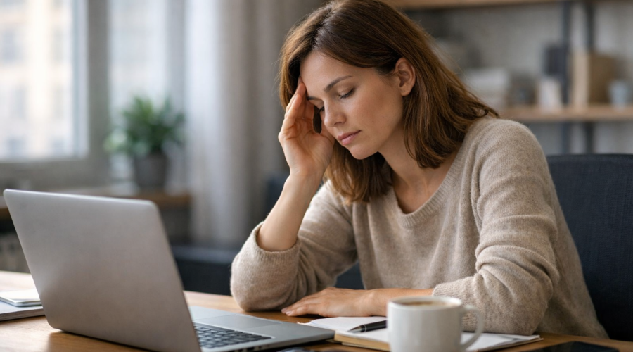 Femme légèrement fatiguée devant son ordinateur au bureau, signe possible d’une glycémie instable en fin de matinée