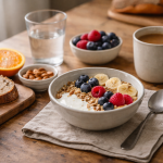 Petit-déjeuner équilibré avec pain complet, fruits et boisson chaude, pris calmement le matin pour favoriser une glycémie stable et une énergie durable.