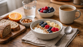 Petit-déjeuner équilibré avec pain complet, fruits et boisson chaude, pris calmement le matin pour favoriser une glycémie stable et une énergie durable.