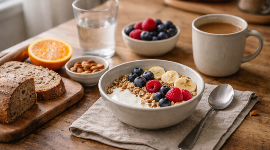 Petit-déjeuner équilibré avec pain complet, fruits et boisson chaude, pris calmement le matin pour favoriser une glycémie stable et une énergie durable.