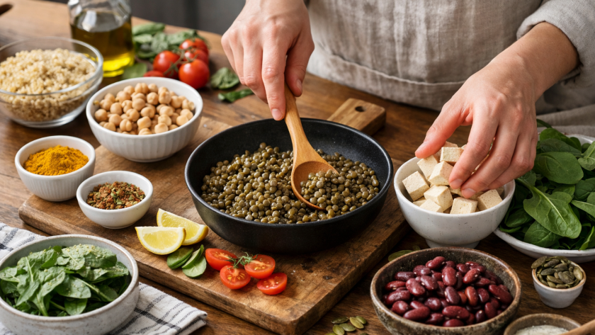 Préparation d’un repas sain à base de protéines végétales pour éviter les fringales