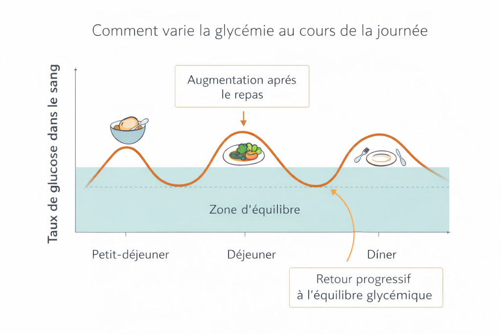 Schéma montrant la variation naturelle de la glycémie au cours de la journée, avec une augmentation après les repas et un retour progressif à l’équilibre glycémique.
