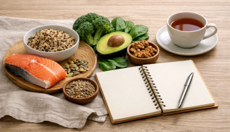 Composition alimentaire équilibrée associant poisson, légumes, graines et boisson chaude pour soutenir le système nerveux et stabiliser la glycémie.