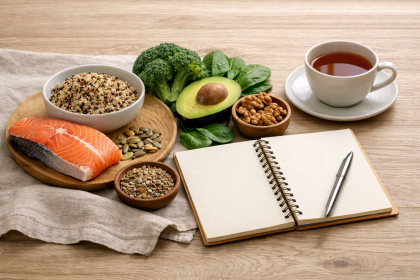 Composition alimentaire équilibrée associant poisson, légumes, graines et boisson chaude pour soutenir le système nerveux et stabiliser la glycémie.