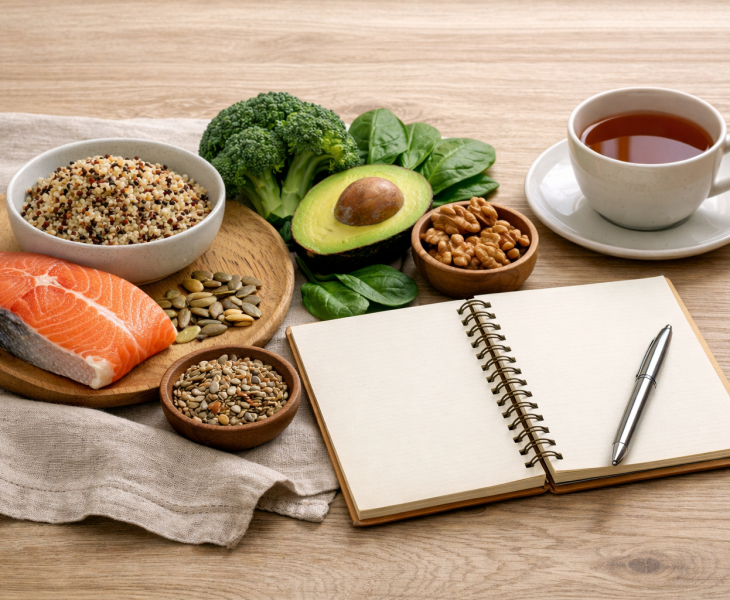 Composition alimentaire équilibrée associant poisson, légumes, graines et boisson chaude pour soutenir le système nerveux et stabiliser la glycémie.