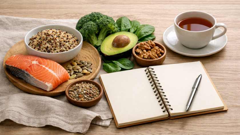 Composition alimentaire équilibrée associant poisson, légumes, graines et boisson chaude pour soutenir le système nerveux et stabiliser la glycémie.