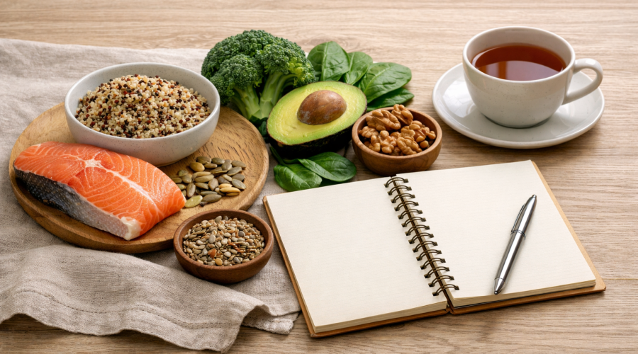 Composition alimentaire équilibrée associant poisson, légumes, graines et boisson chaude pour soutenir le système nerveux et stabiliser la glycémie.
