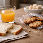 Pain blanc entamé, jus d’orange et biscuits sur une table de cuisine, illustrant des aliments à index glycémique élevé