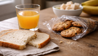 Pain blanc entamé, jus d’orange et biscuits sur une table de cuisine, illustrant des aliments à index glycémique élevé