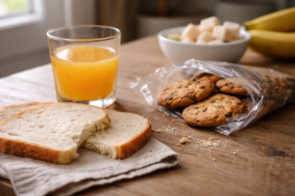 Pain blanc entamé, jus d’orange et biscuits sur une table de cuisine, illustrant des aliments à index glycémique élevé