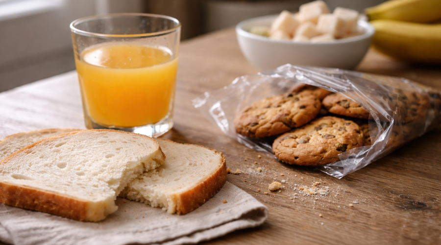 Pain blanc entamé, jus d’orange et biscuits sur une table de cuisine, illustrant des aliments à index glycémique élevé