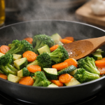 Légumes colorés en cuisson douce à la poêle, avec vapeur légère, pour préserver les antioxydants et les nutriments