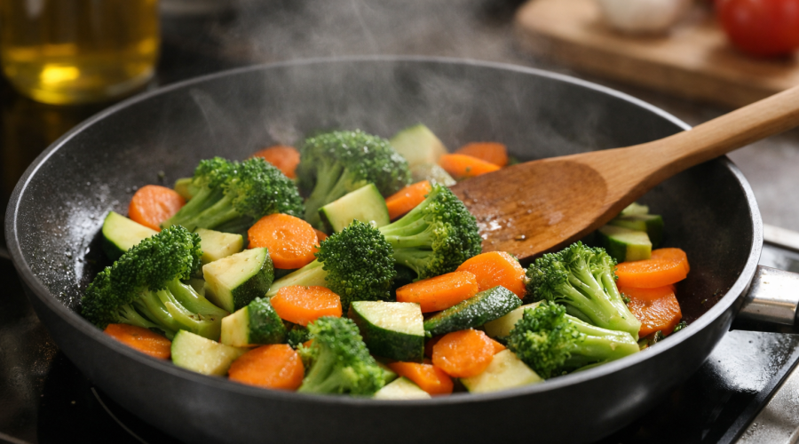 Légumes colorés en cuisson douce à la poêle, avec vapeur légère, pour préserver les antioxydants et les nutriments
