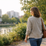 Femme marchant tranquillement en extérieur dans un environnement naturel urbain, illustrant l’équilibre hormonal, la gestion du stress et le rôle des antioxydants au quotidien.