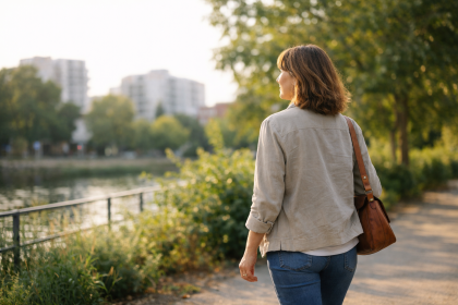 Femme marchant tranquillement en extérieur dans un environnement naturel urbain, illustrant l’équilibre hormonal, la gestion du stress et le rôle des antioxydants au quotidien.