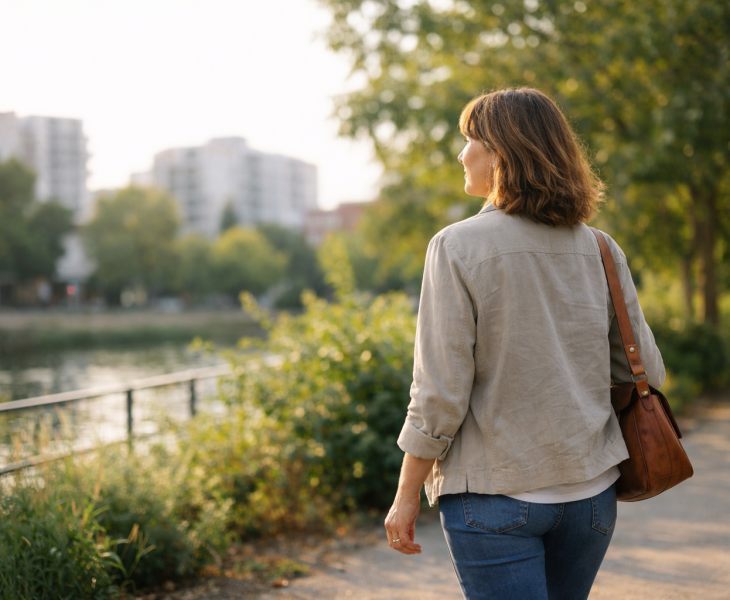 Femme marchant tranquillement en extérieur dans un environnement naturel urbain, illustrant l’équilibre hormonal, la gestion du stress et le rôle des antioxydants au quotidien.