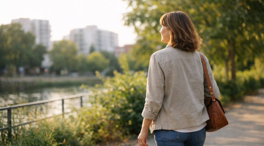 Femme marchant tranquillement en extérieur dans un environnement naturel urbain, illustrant l’équilibre hormonal, la gestion du stress et le rôle des antioxydants au quotidien.