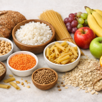 Aliments riches en glucides du quotidien présentés de façon équilibrée pour illustrer l’impact sur la glycémie