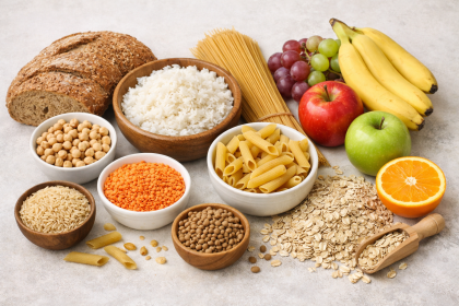 Aliments riches en glucides du quotidien présentés de façon équilibrée pour illustrer l’impact sur la glycémie