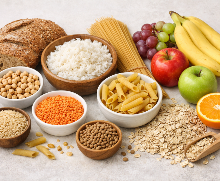 Aliments riches en glucides du quotidien présentés de façon équilibrée pour illustrer l’impact sur la glycémie