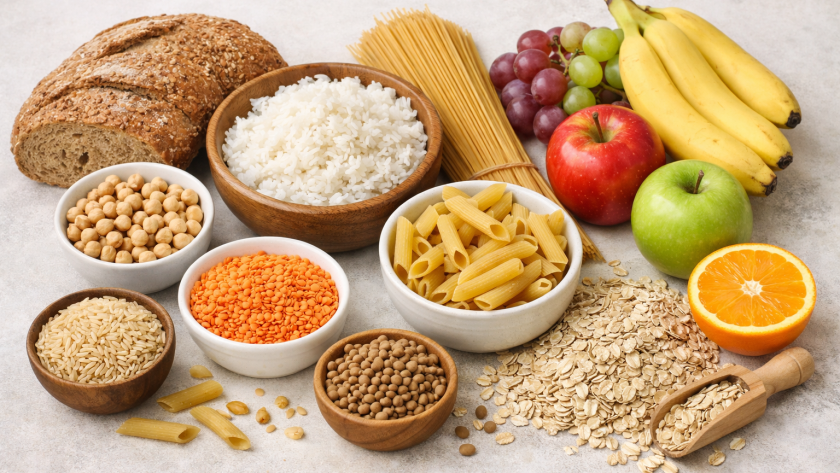 Aliments riches en glucides du quotidien présentés de façon équilibrée pour illustrer l’impact sur la glycémie