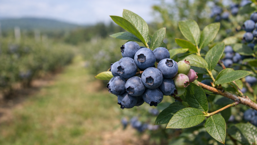 Myrtilles mûres sur branche dans un champ, riches en antioxydants naturels