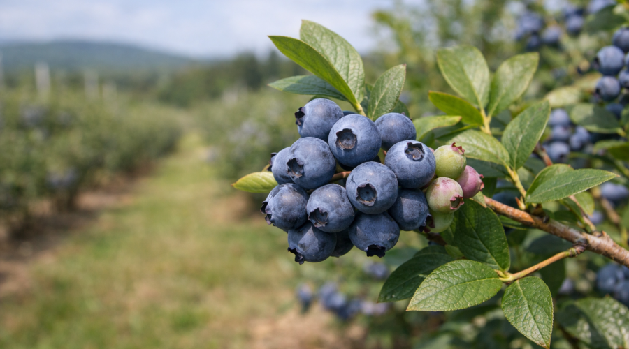 Myrtilles mûres sur branche dans un champ, riches en antioxydants naturels