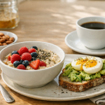 Petit déjeuner IG bas composé de porridge aux fruits rouges et graines, œuf mollet sur pain complet au levain, amandes et café sur table en bois clair.