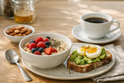 Petit déjeuner IG bas composé de porridge aux fruits rouges et graines, œuf mollet sur pain complet au levain, amandes et café sur table en bois clair.
